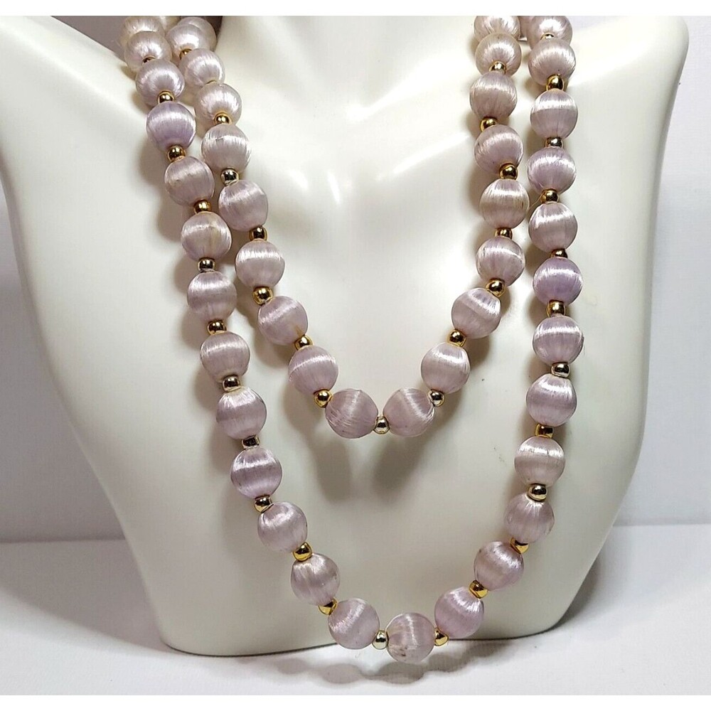 Vintage Lavender Satin Beads Goldtone Spacers Necklace 30"